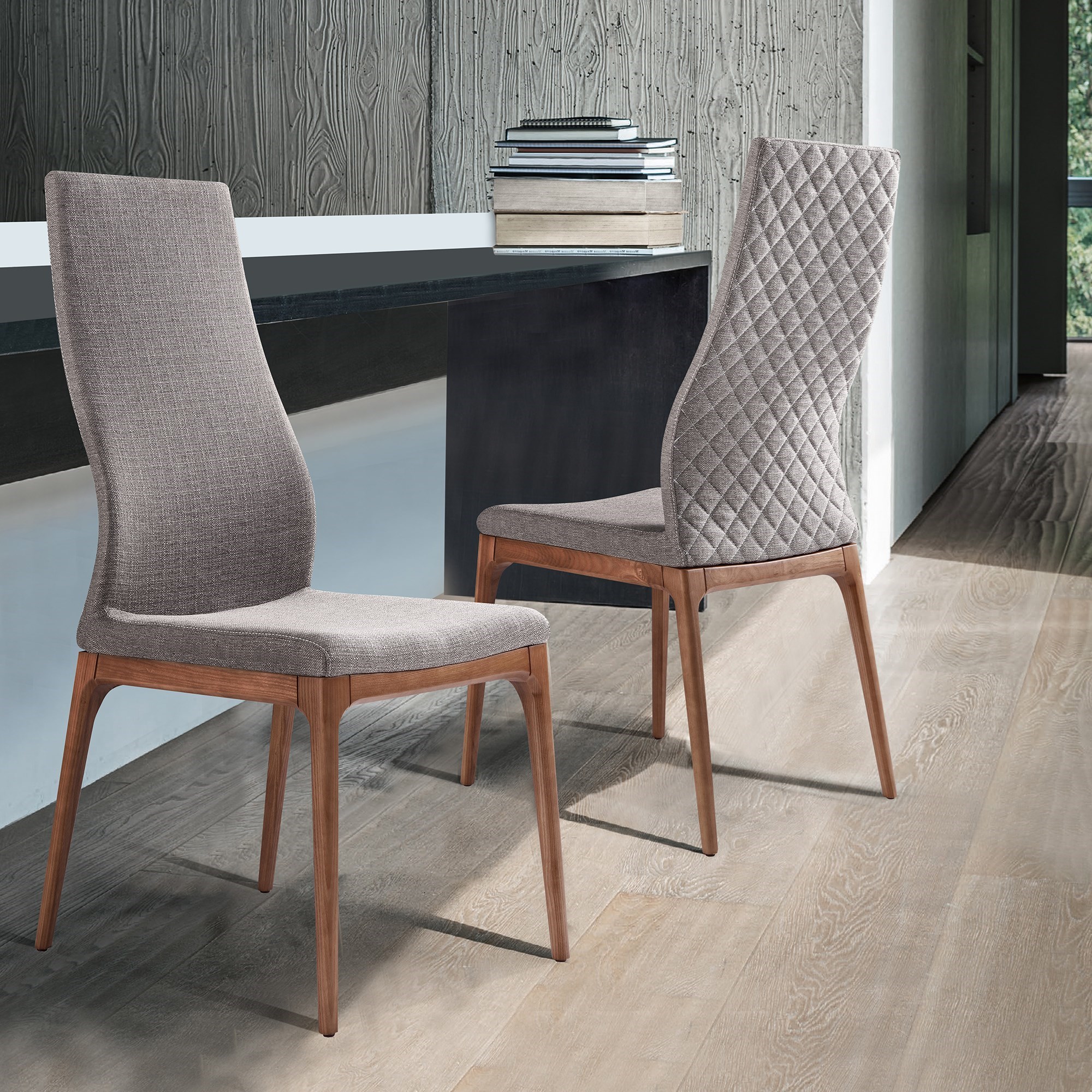 Parker MidCentury Dining Chair in Walnut Finish with Gray Fabric Set