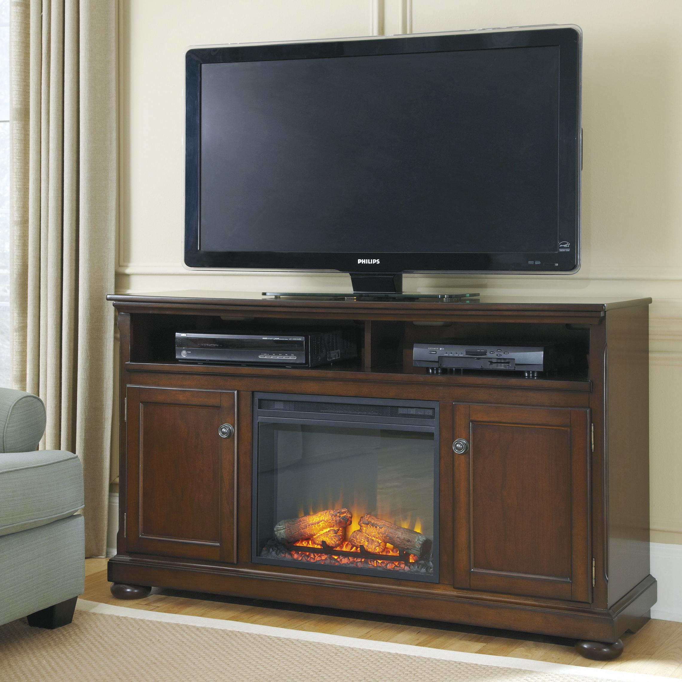 Porter Transitional Cherry 60" Large TV Stand with Fireplace Insert