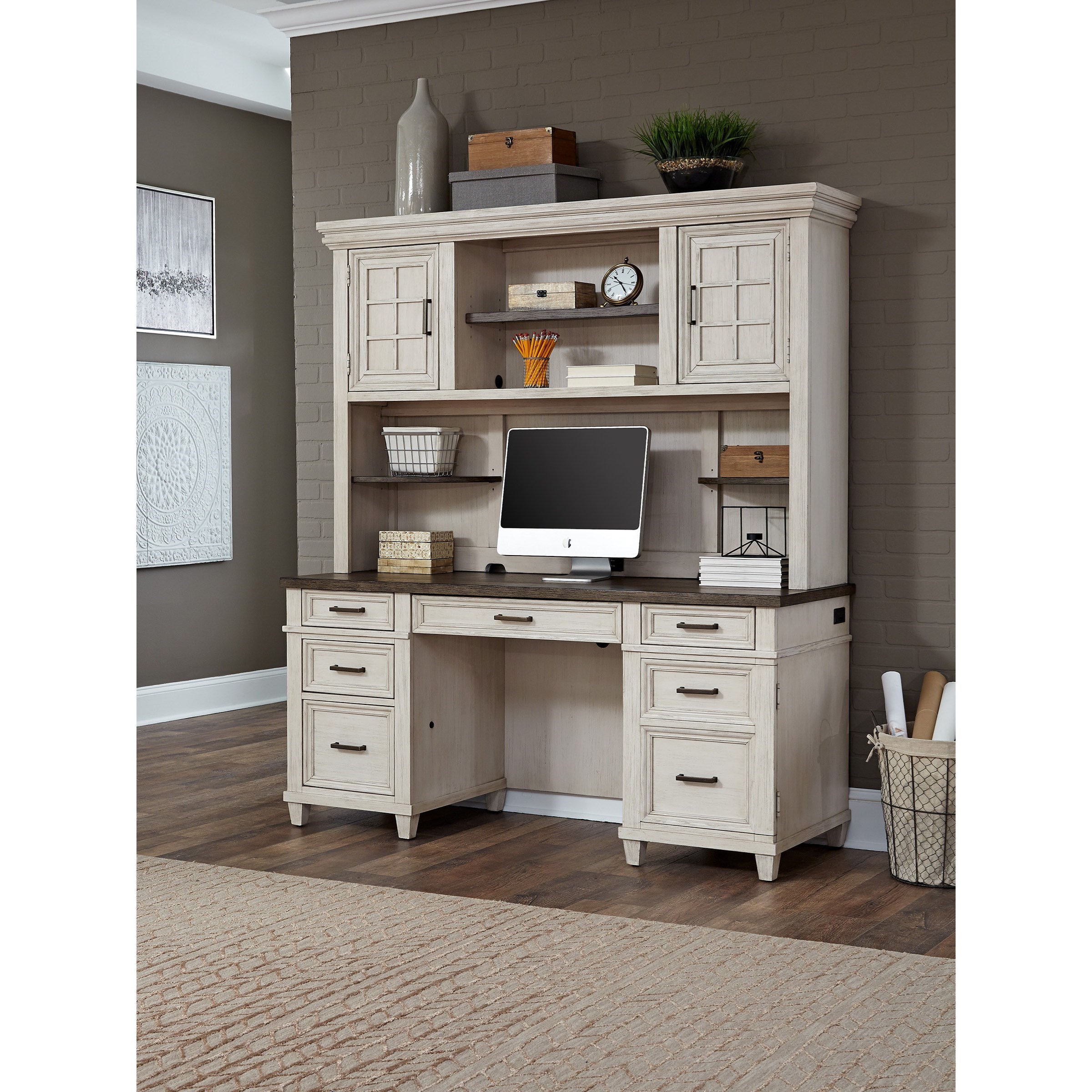 Aspenhome Caraway Casual Credenza Desk and Hutch with Adjustable