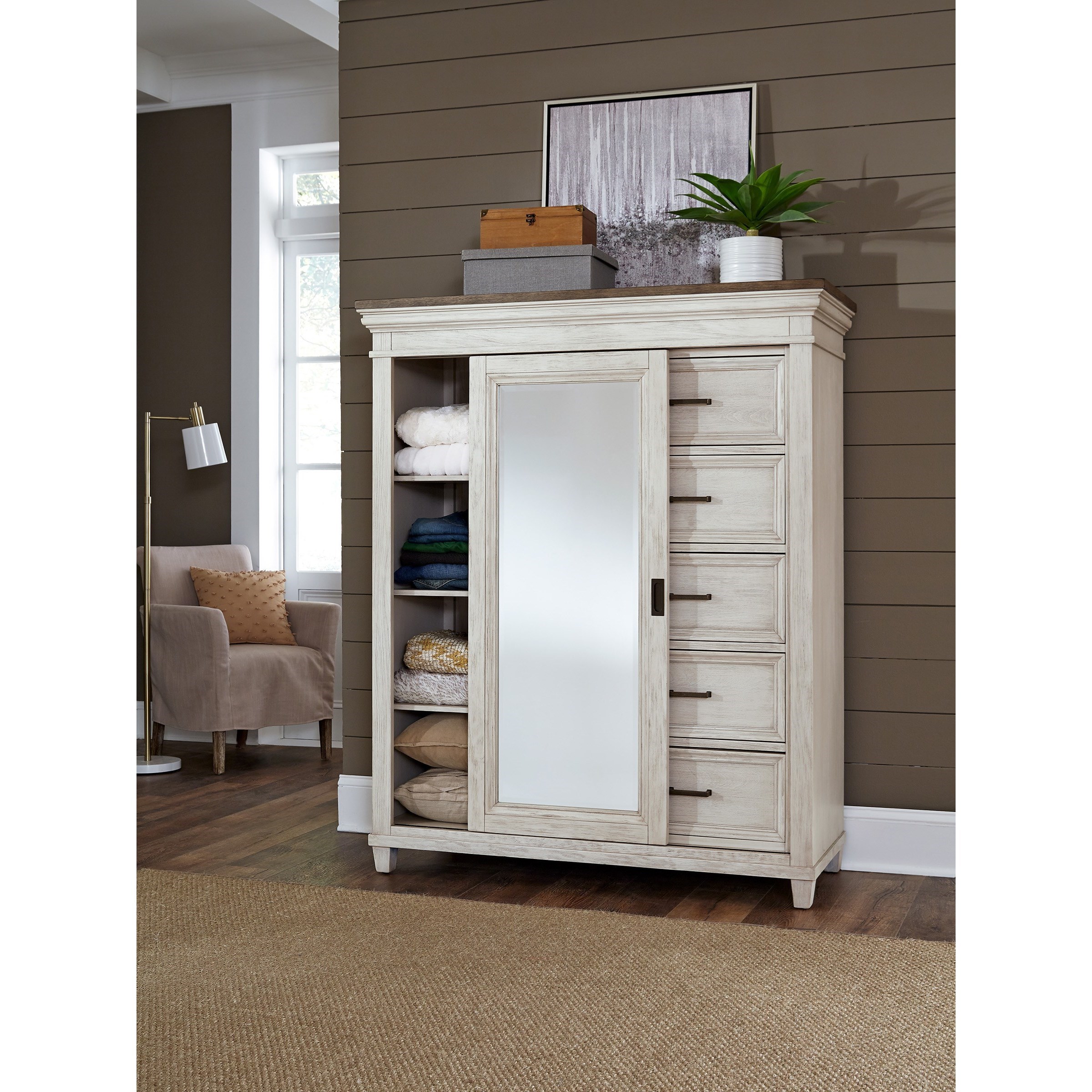 Aspenhome Caraway Casual Sliding Door 5Drawer Chest with Adjustable Interior Shelving and Felt