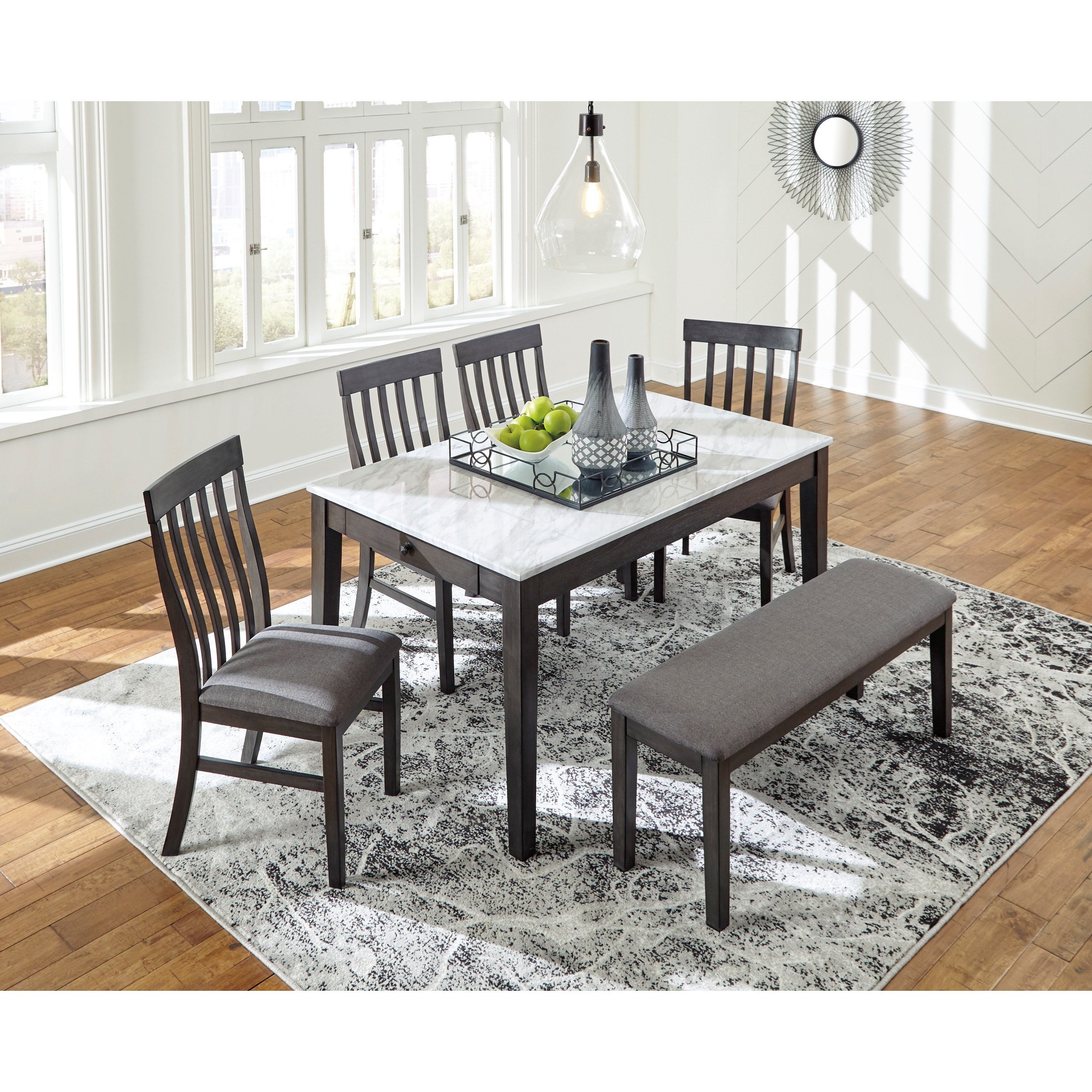 Marble Dining Table And Bench Set Benchcraft Luvoni 6-Piece Dining Set with Bench and Faux Marble Top