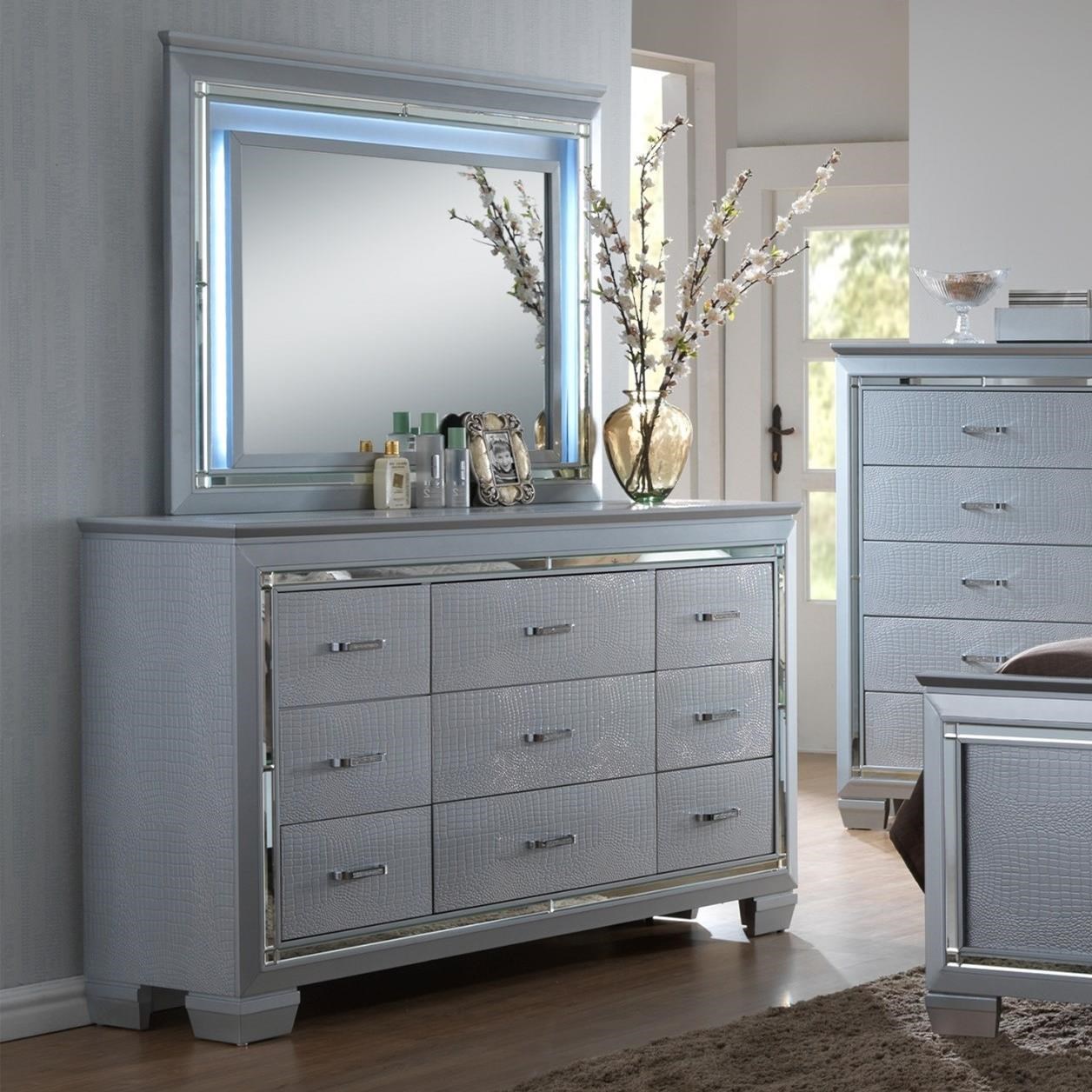 Crown Mark Lillian Dresser and Mirror Set with LED Backlight Royal