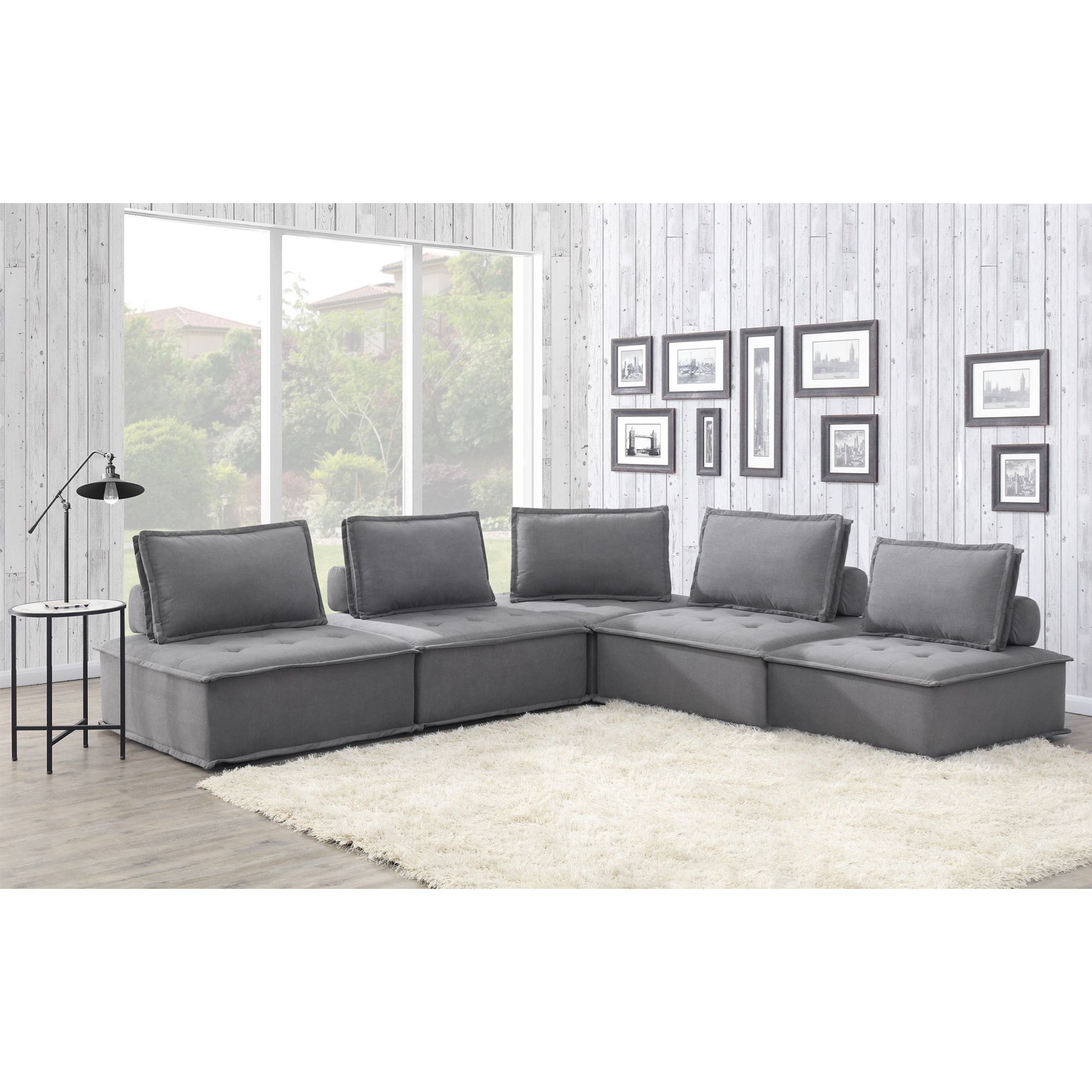 Elements International Paxton Modern Five Piece Modular Sectional Sofa with Loose Back Pillows