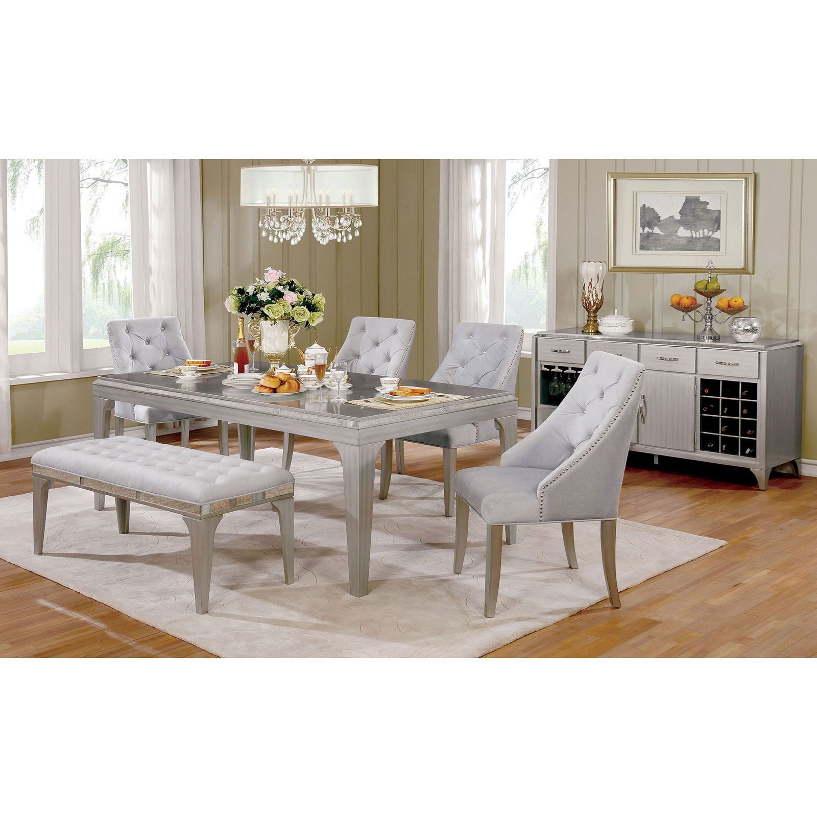 Furniture of America Diocles Glam Silver Dining Table + 4 Chairs
