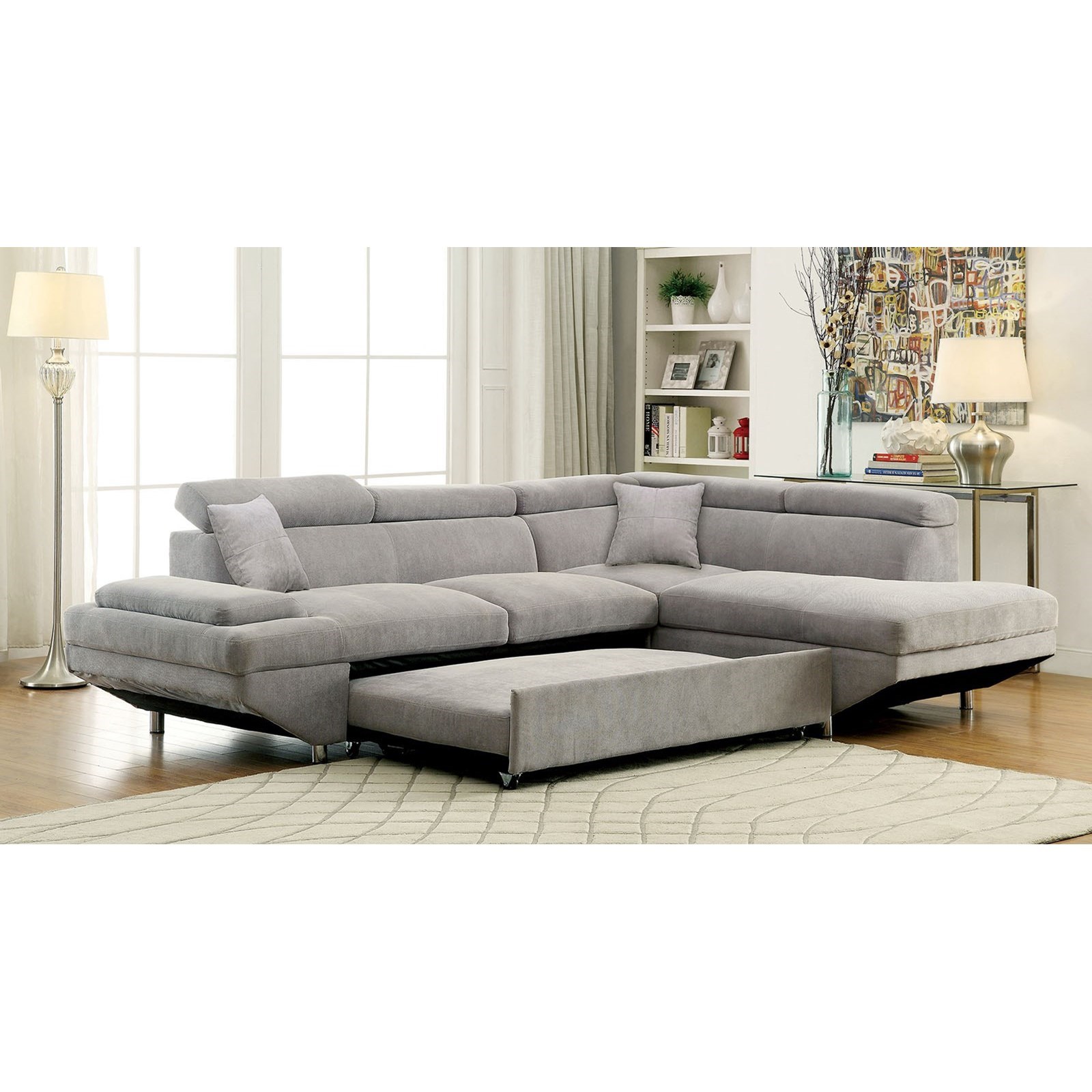Furniture of America FOA Foreman CM6124GYSECTVN Contemporary Sectional with Pull Out Sleeper