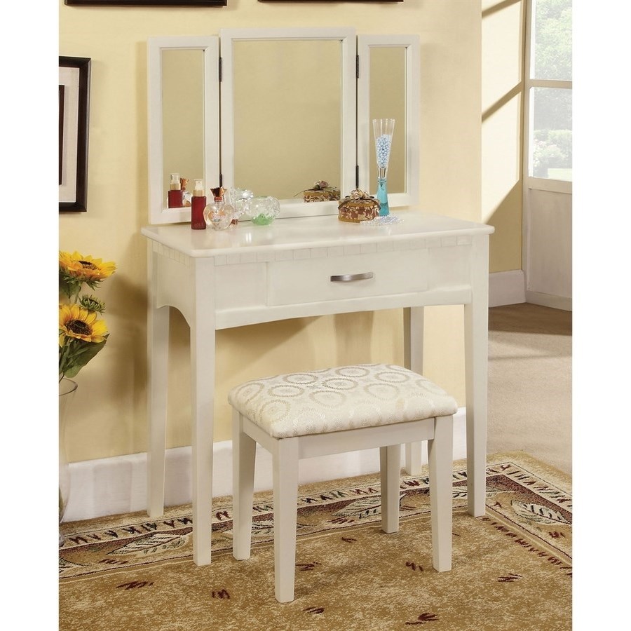 Potterville Transitional Vanity Table with Padded Stool and TriFold Mirror Household