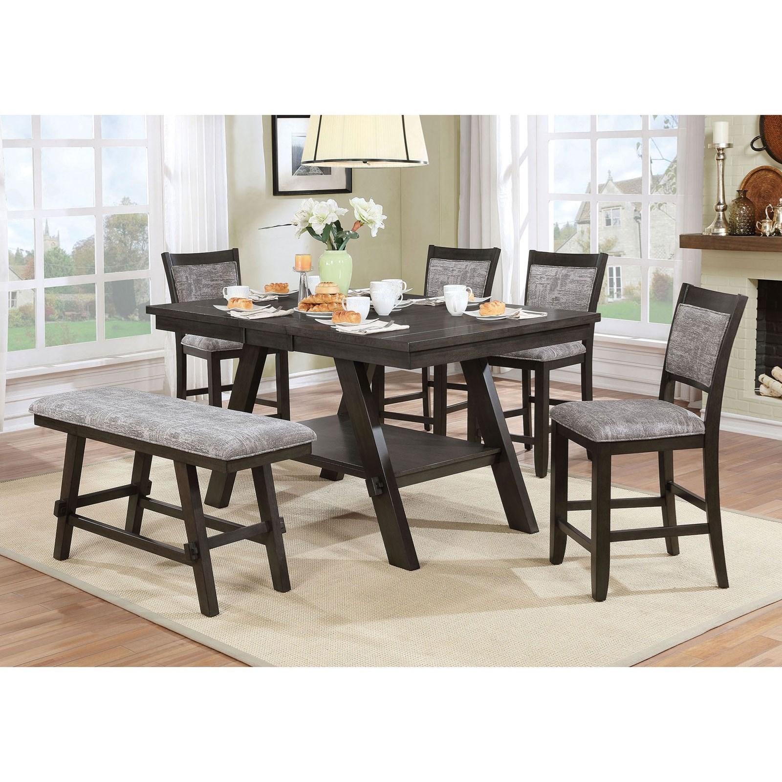 Furniture of America Tollerson Six Piece Pub Dining Set with Bench