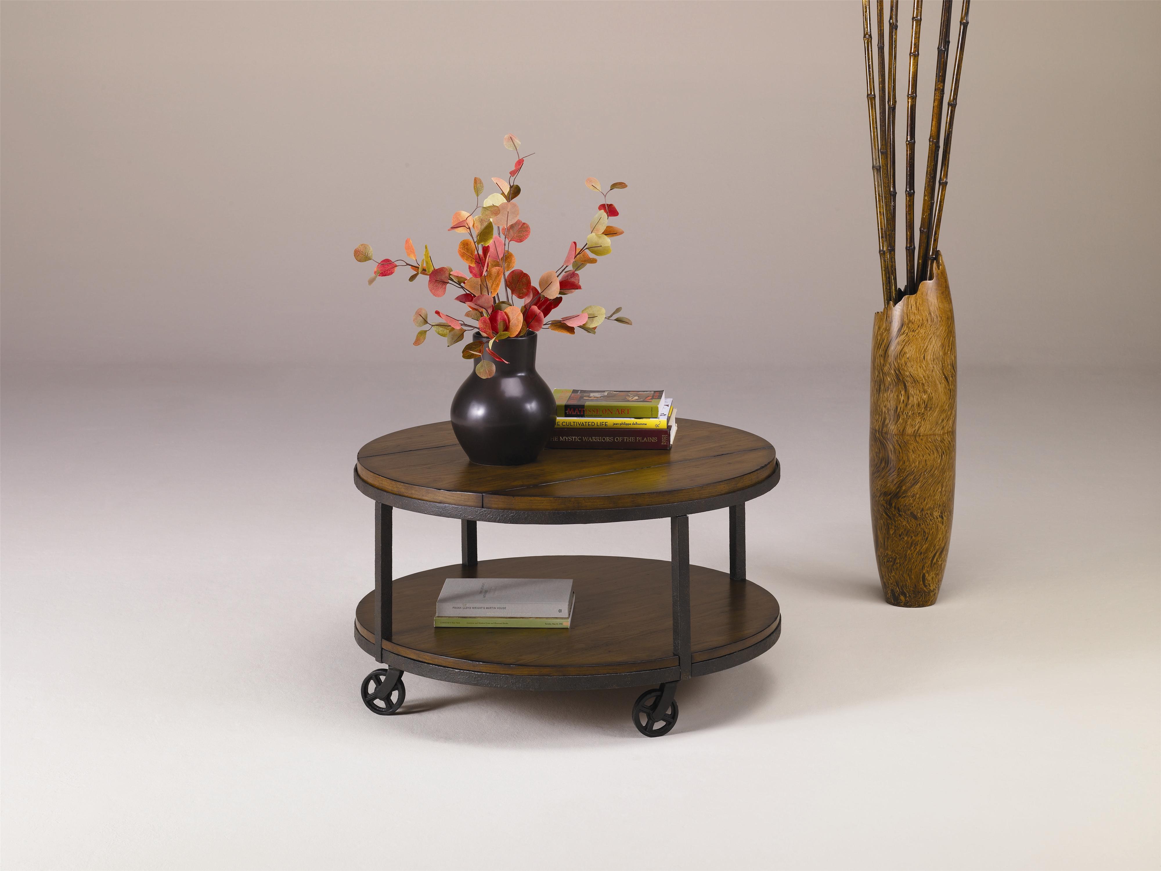 Hammary Baja Round Cocktail Table with Shelf and Wheels Johnny