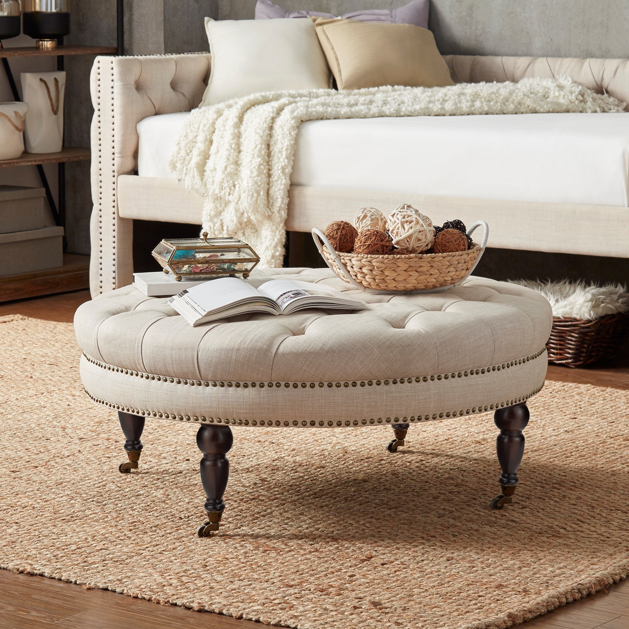 Homelegance E208RD Traditional Round Tufted Bench Ottoman with Casters