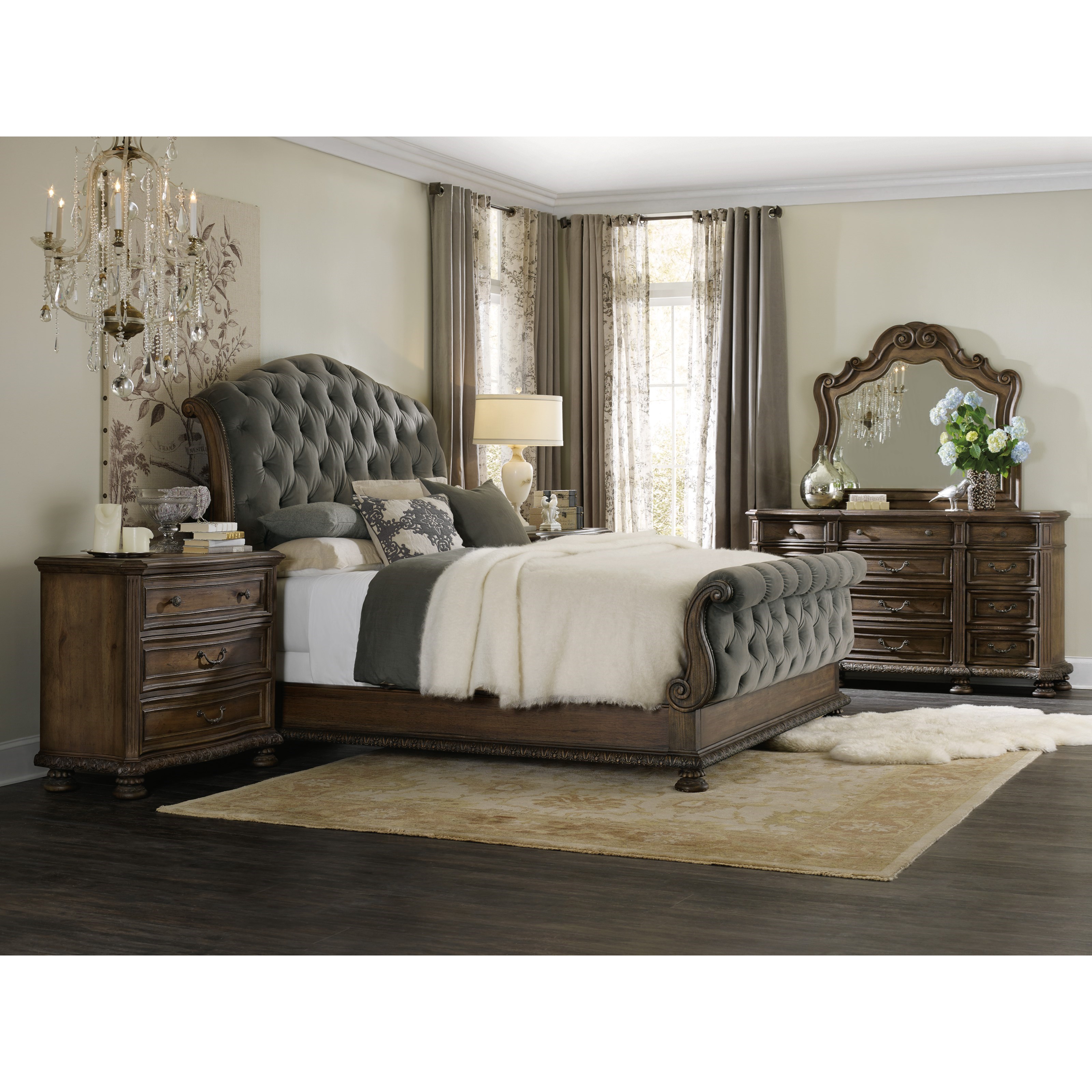 Hooker Furniture Rhapsody King Size Tufted Sleigh Bed with Exposed Wood