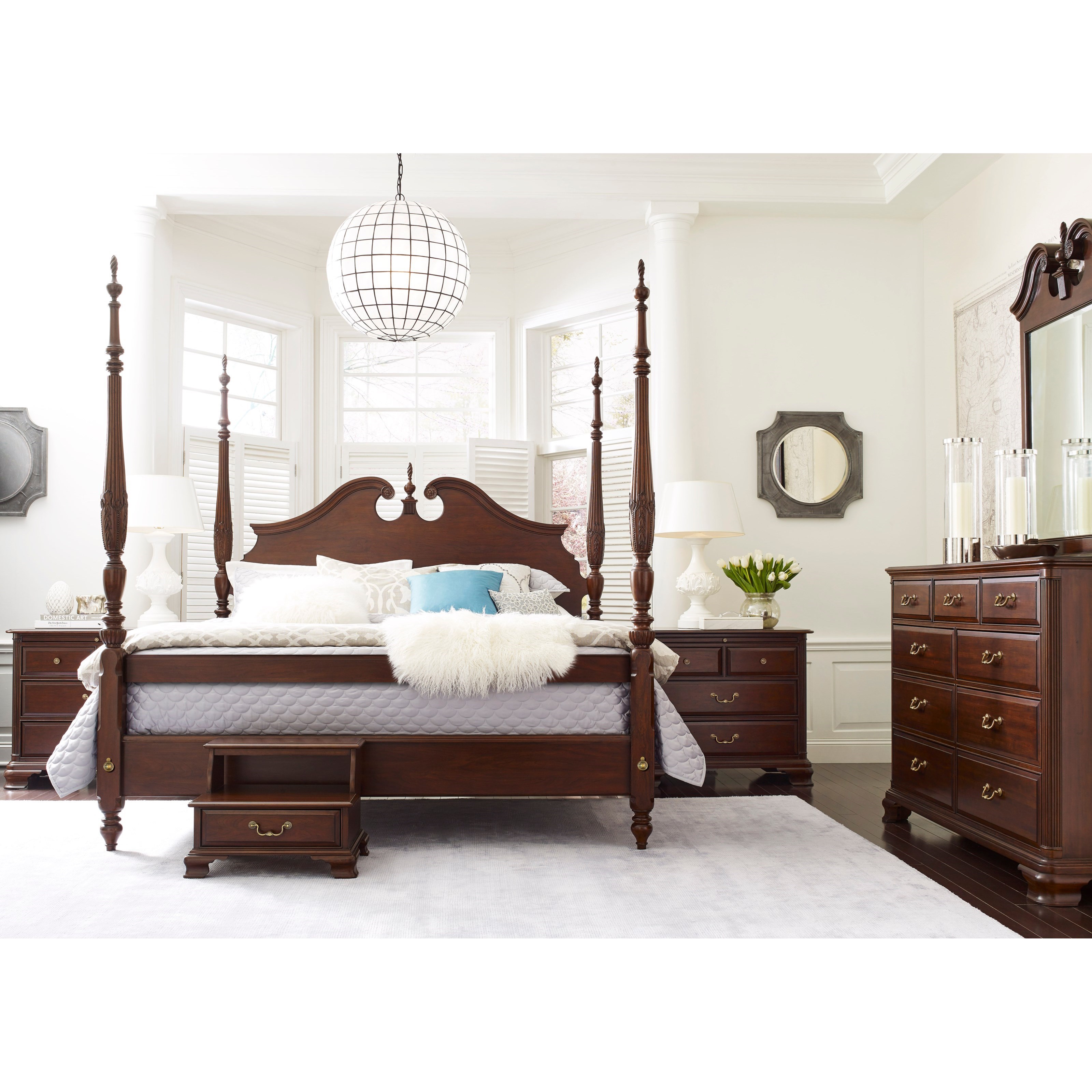 Kincaid Furniture Hadleigh King Rice Carved Poster Bed with Pediment