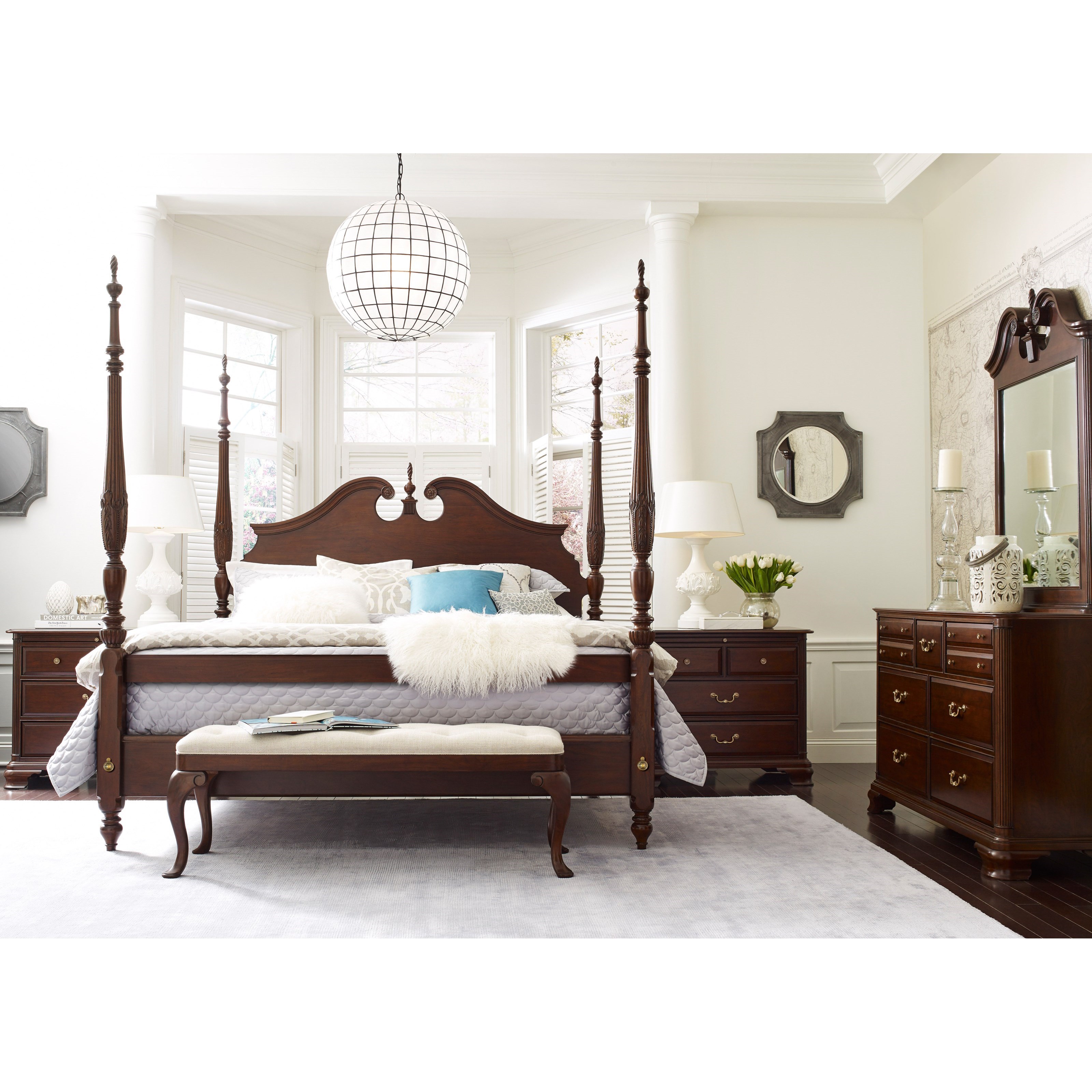 Kincaid Furniture Hadleigh King Rice Carved Poster Bed with Pediment