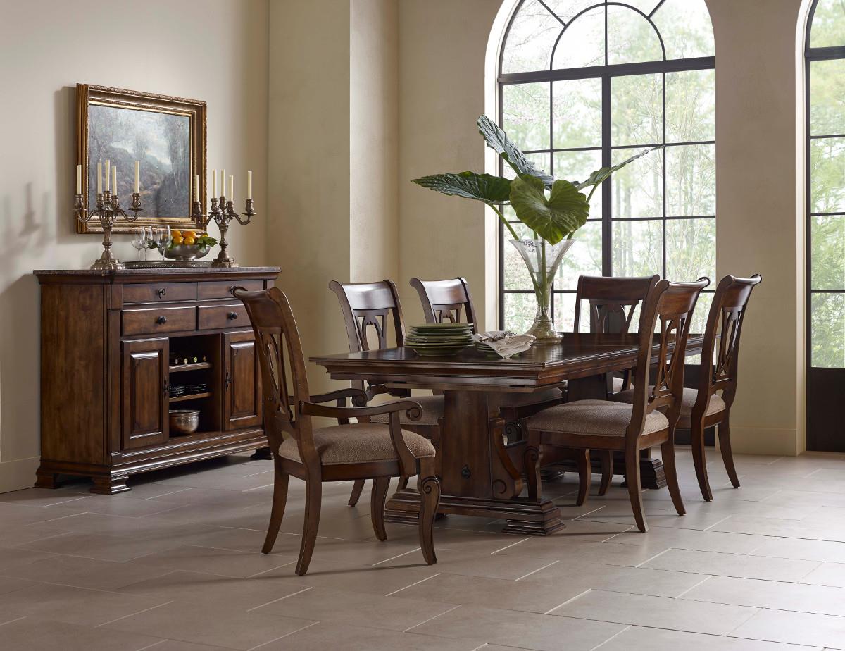 Kincaid Furniture Portolone Seven Piece Trestle Table and Harp Back