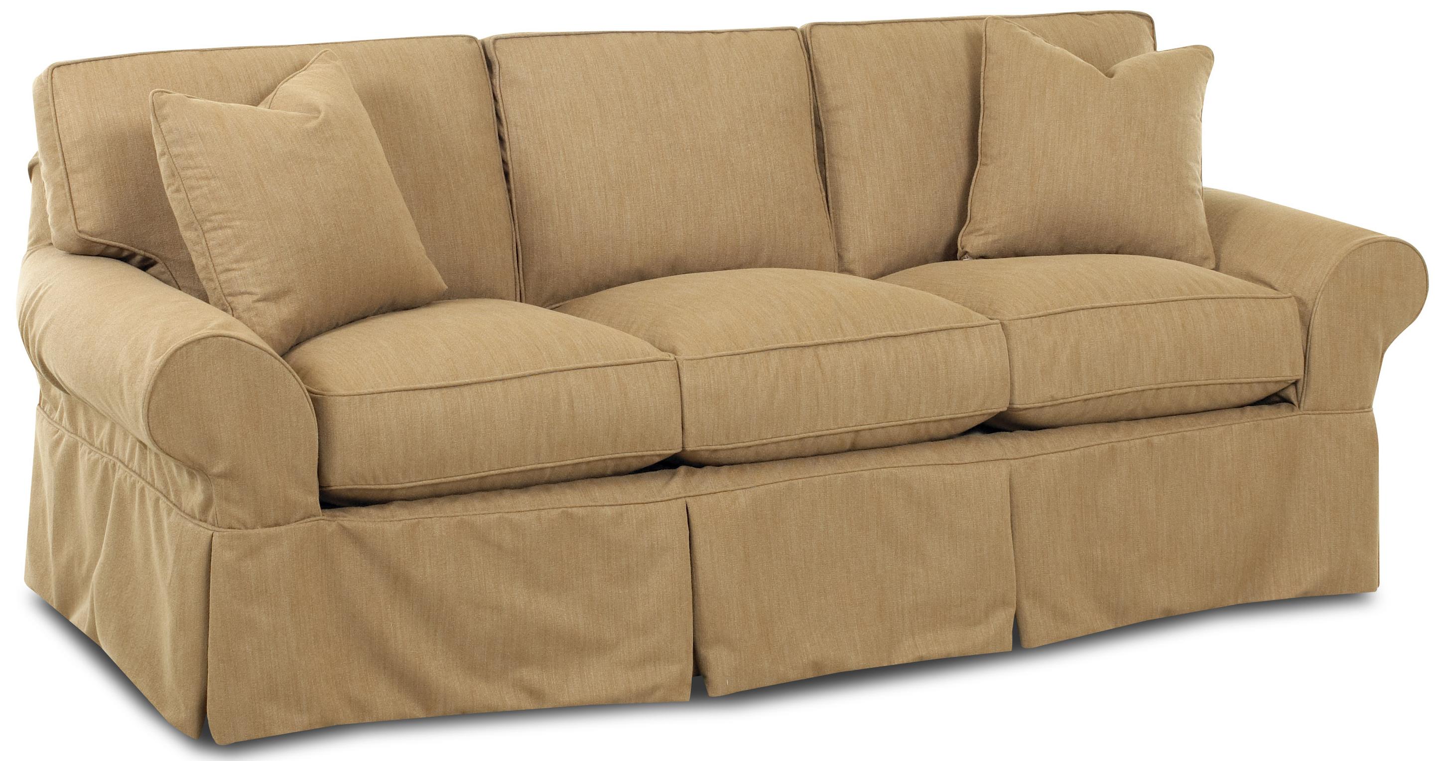 Klaussner Patterns Slipcovered Sofa with Rolled Arms and Tailored Skirt