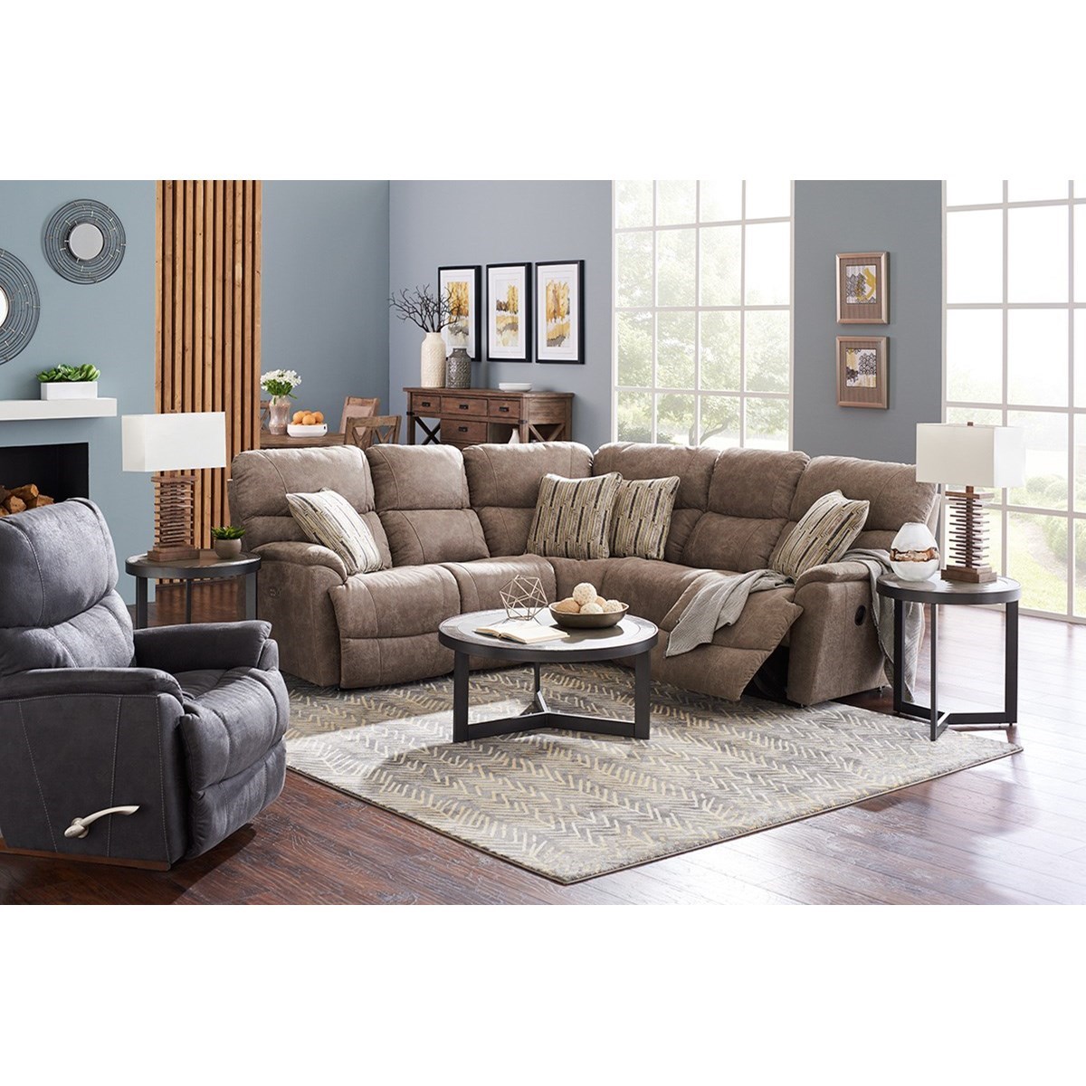 LaZBoy Trouper Three Piece Power Reclining Corner Sectional Sofa with