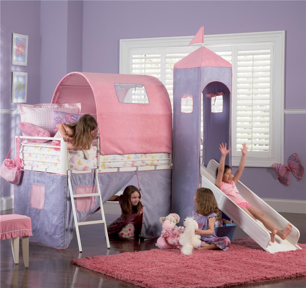 Powell Princess Princess Castle Twin Bunk Bed with Tent and Slide Dream Home Furniture Loft Beds