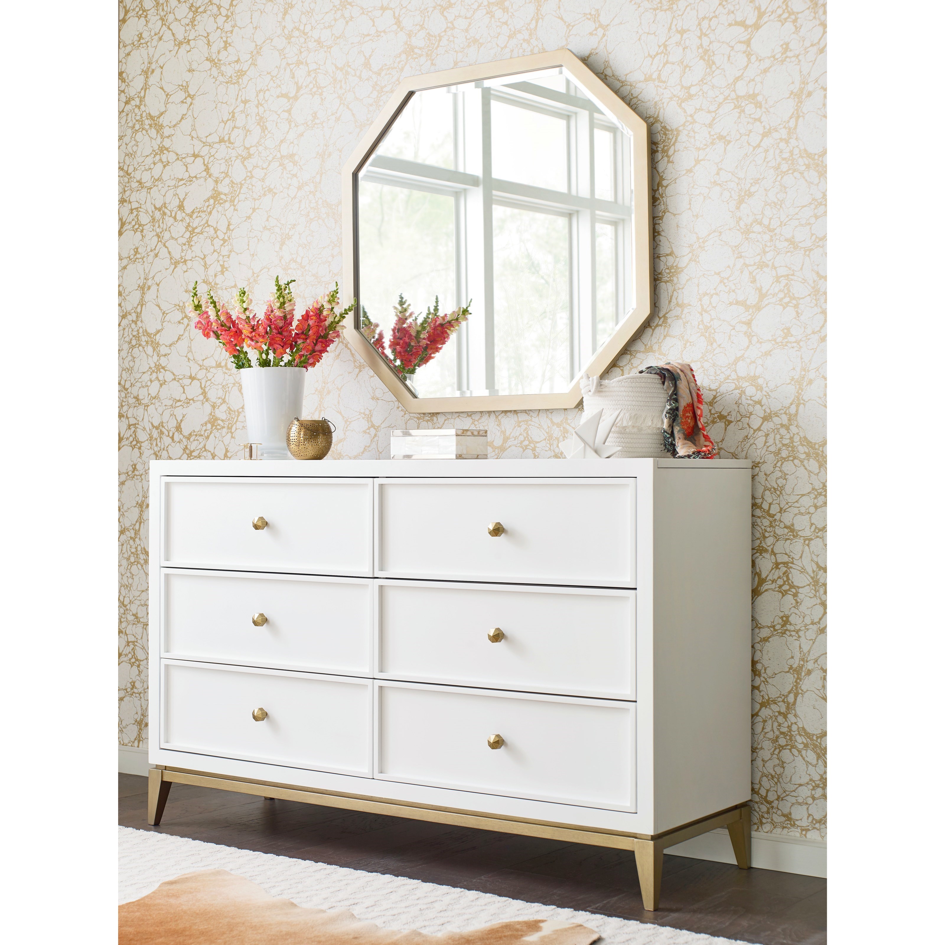 white and gold dresser set Kendall 6-drawer Dresser with Mirror White – Furniture Factory Outlet