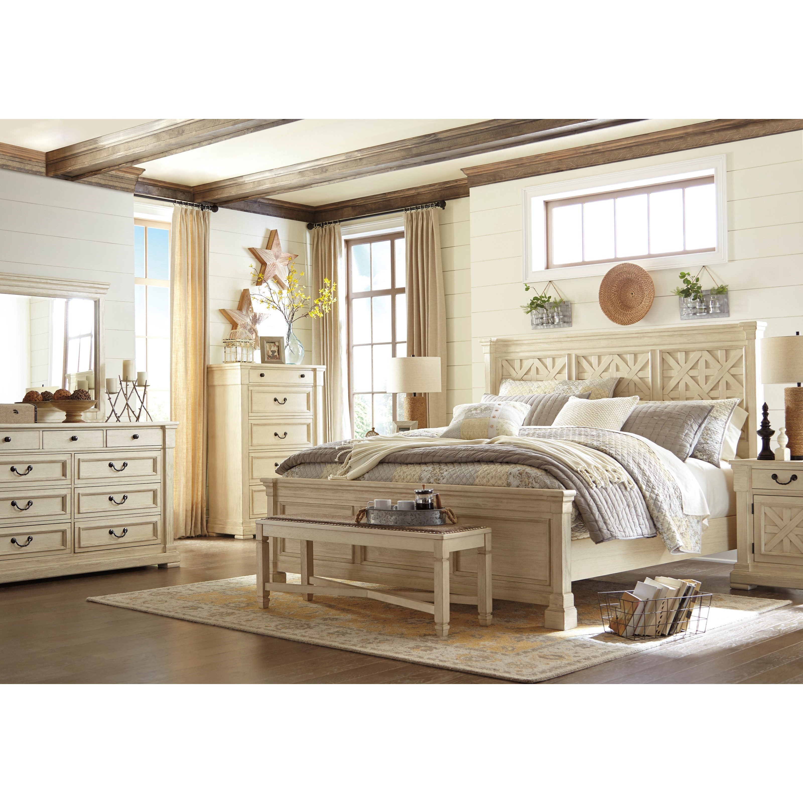 Signature Design by Ashley Bolanburg Relaxed Vintage Upholstered Dining Room Bench with Nailhead