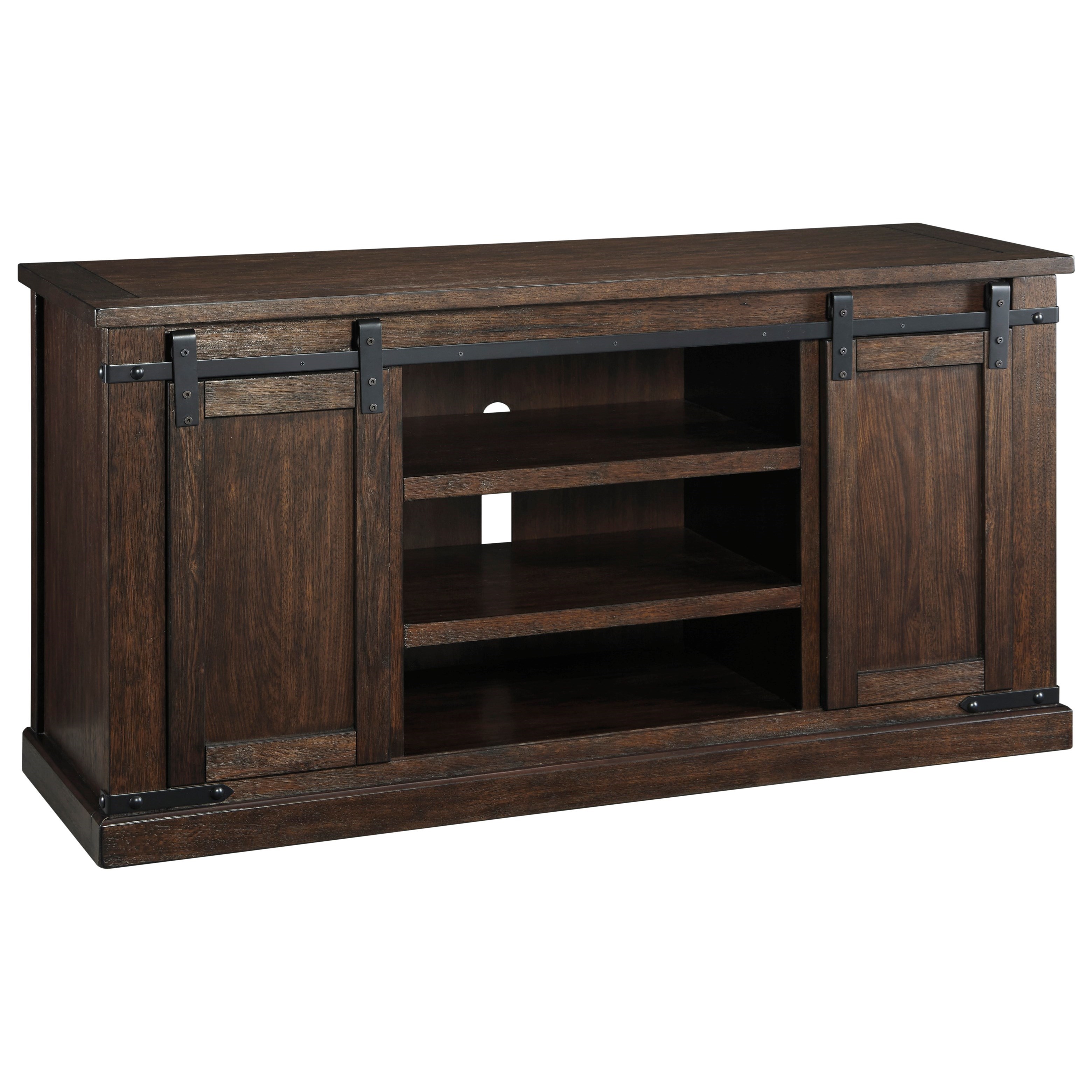 Ashley Signature Design Budmore 1328061 Mango Veneer Large TV Stand With Barn Doors Dunk 