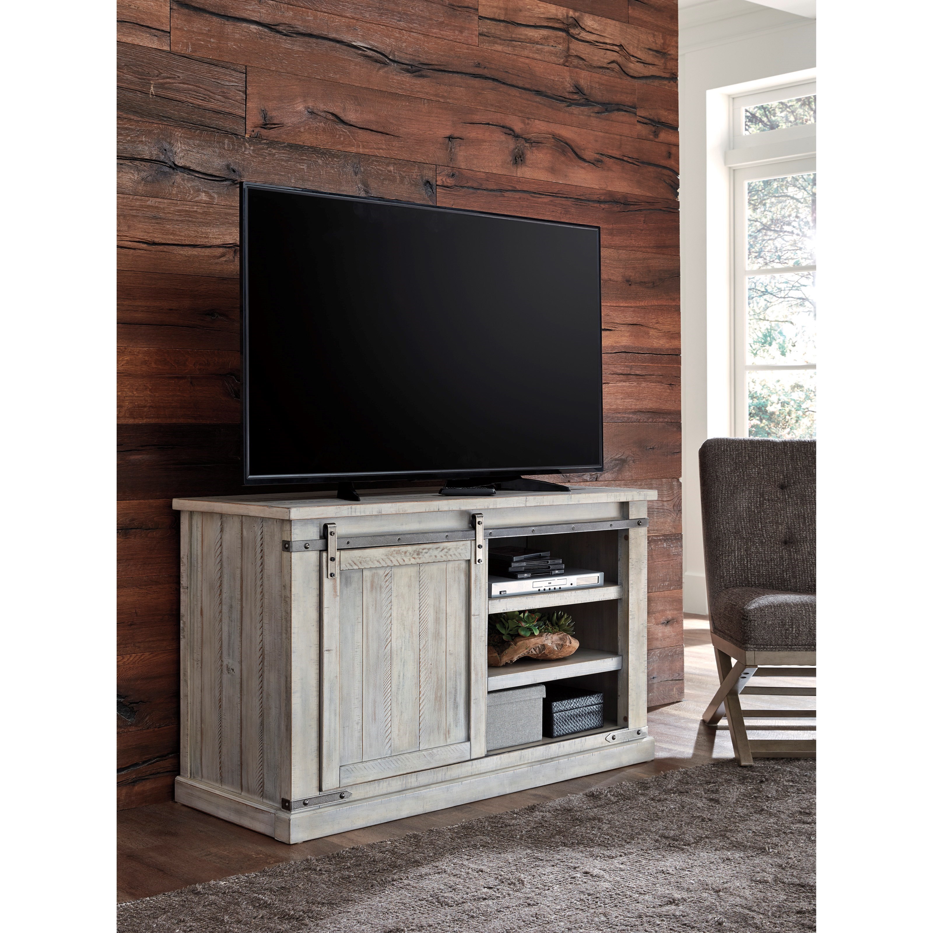 Signature Design by Ashley Carynhurst W75528 Rustic White Medium TV Stand with Barn Door