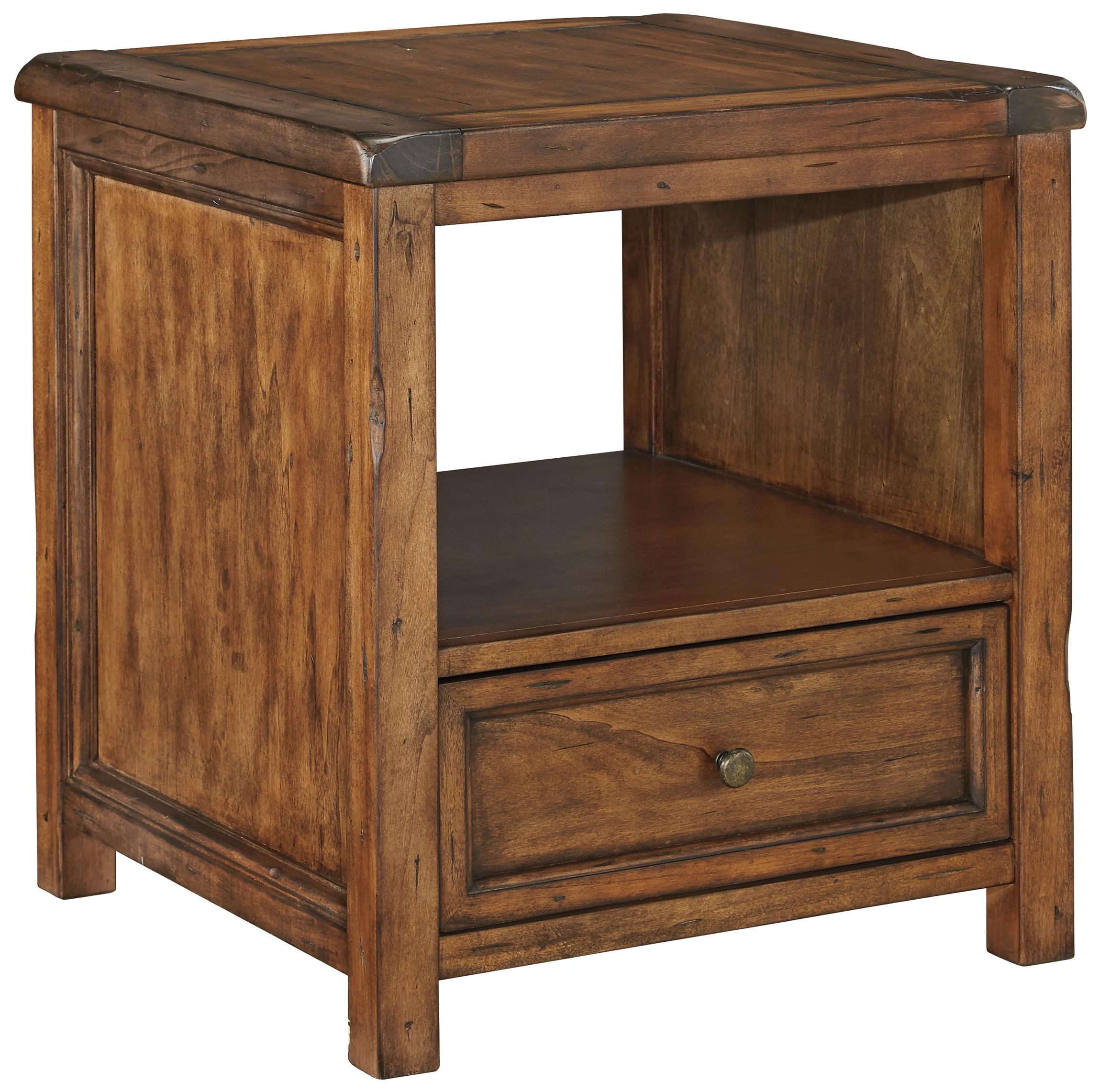 Ashley Signature Design Tamonie T8302 Rustic Square End Table with Shelf and Drawer Dunk